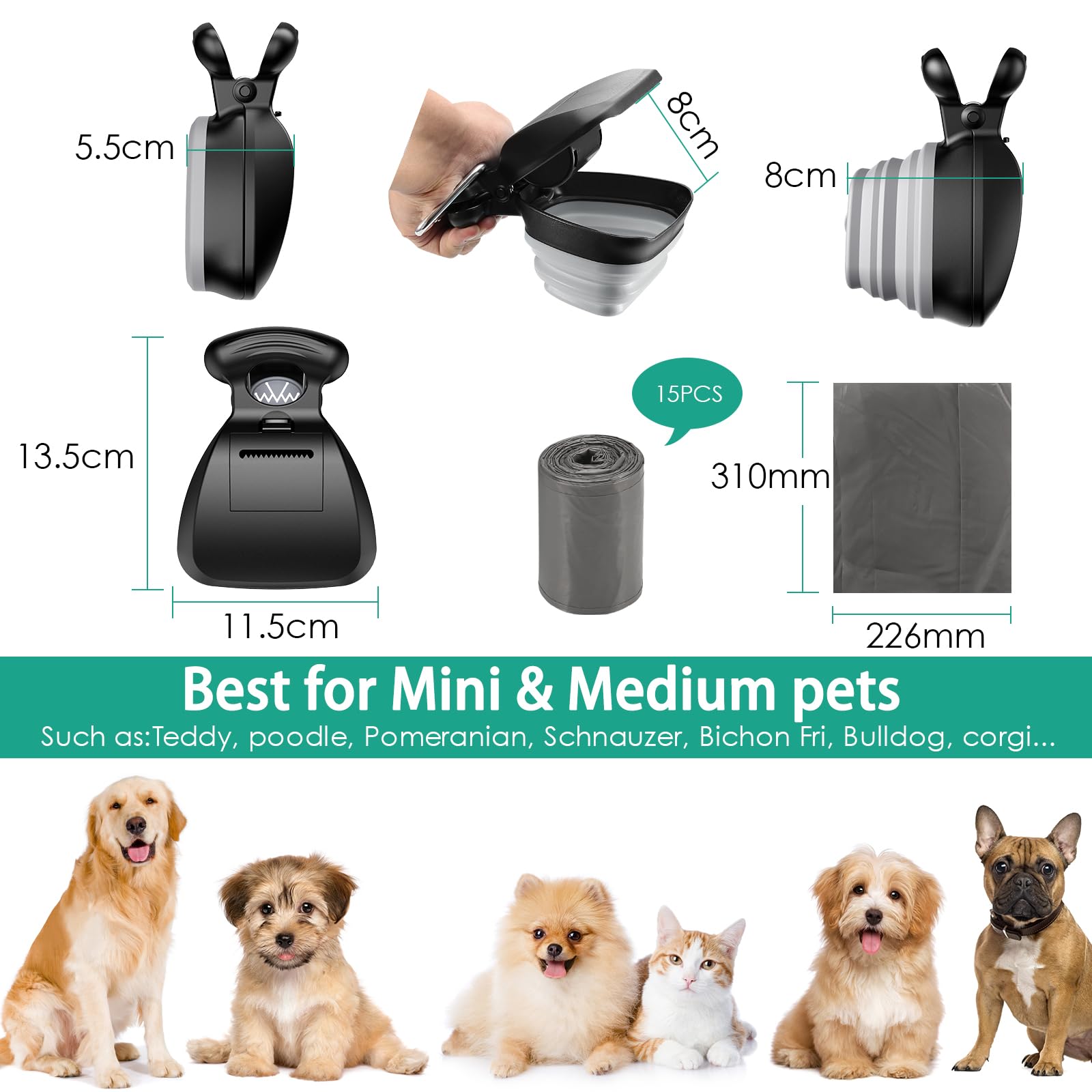 ORIA Paletta per Escrementi di Animali, Portatile Scoop di Poop Dog con Dispenser Bag, Scooper per Animali Domestici per Passeggiate all'Aria Aperta (1 Sacchetto per Rifiuti in Rotolo Incluso)