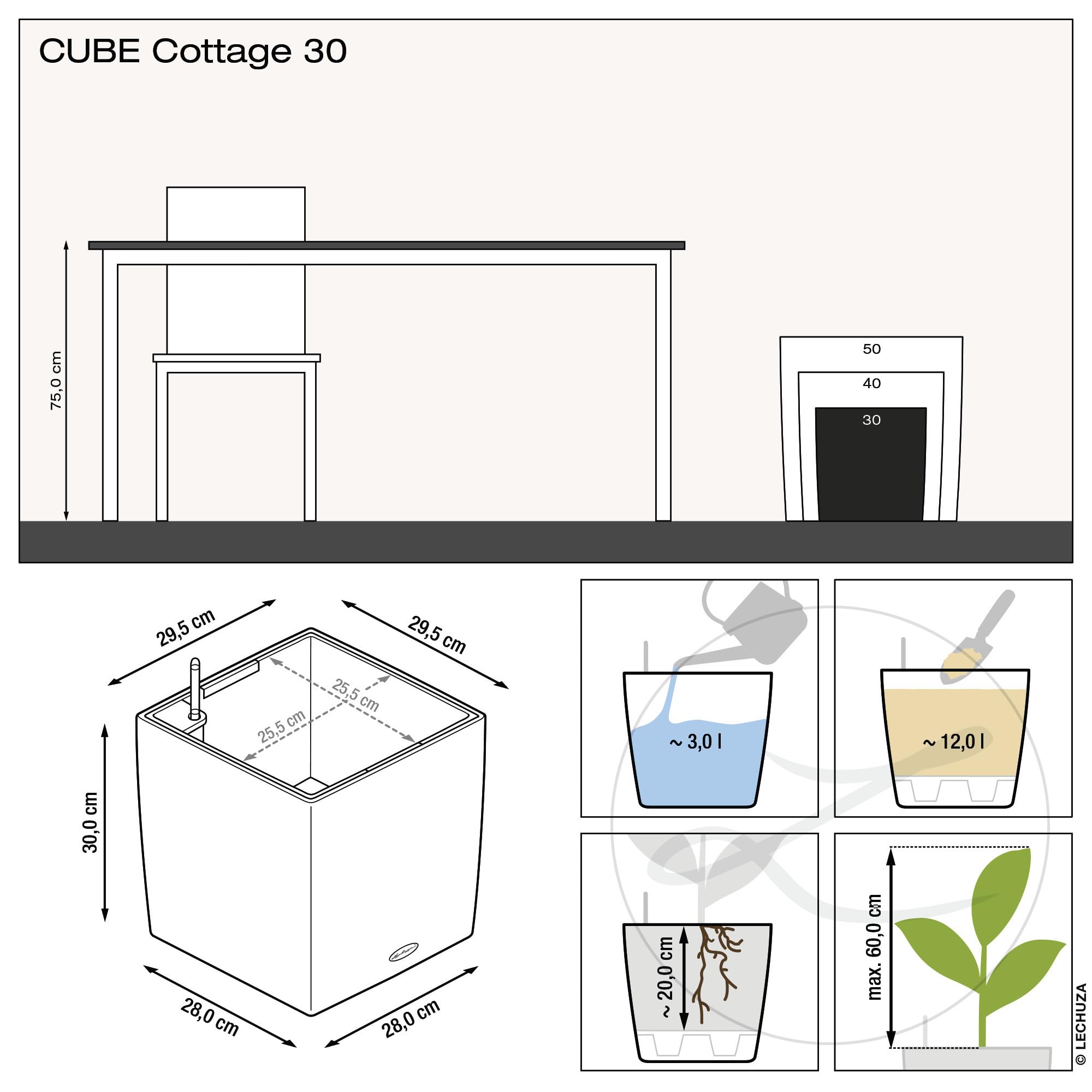 Lechuza "Cube Cottage 30" Pflanzgefäß mit ERD-Bewässerungs-System, Granit, 30 x 30 x 30 cm