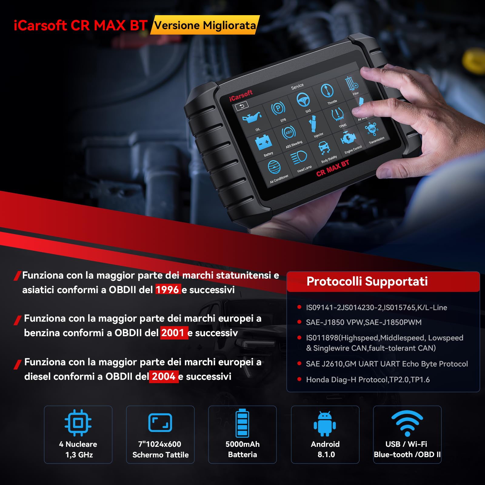 iCarsoft CR MAX BT OBD2 Auto Diagnostica, Diagnosi Auto Professionale in Italiano per Tutti i Sistemi, 49 Funzioni di Reset + 46 Servizi Aggiuntivi, 40000+ Test Bidirezionale, VIN automatico, CANFD
