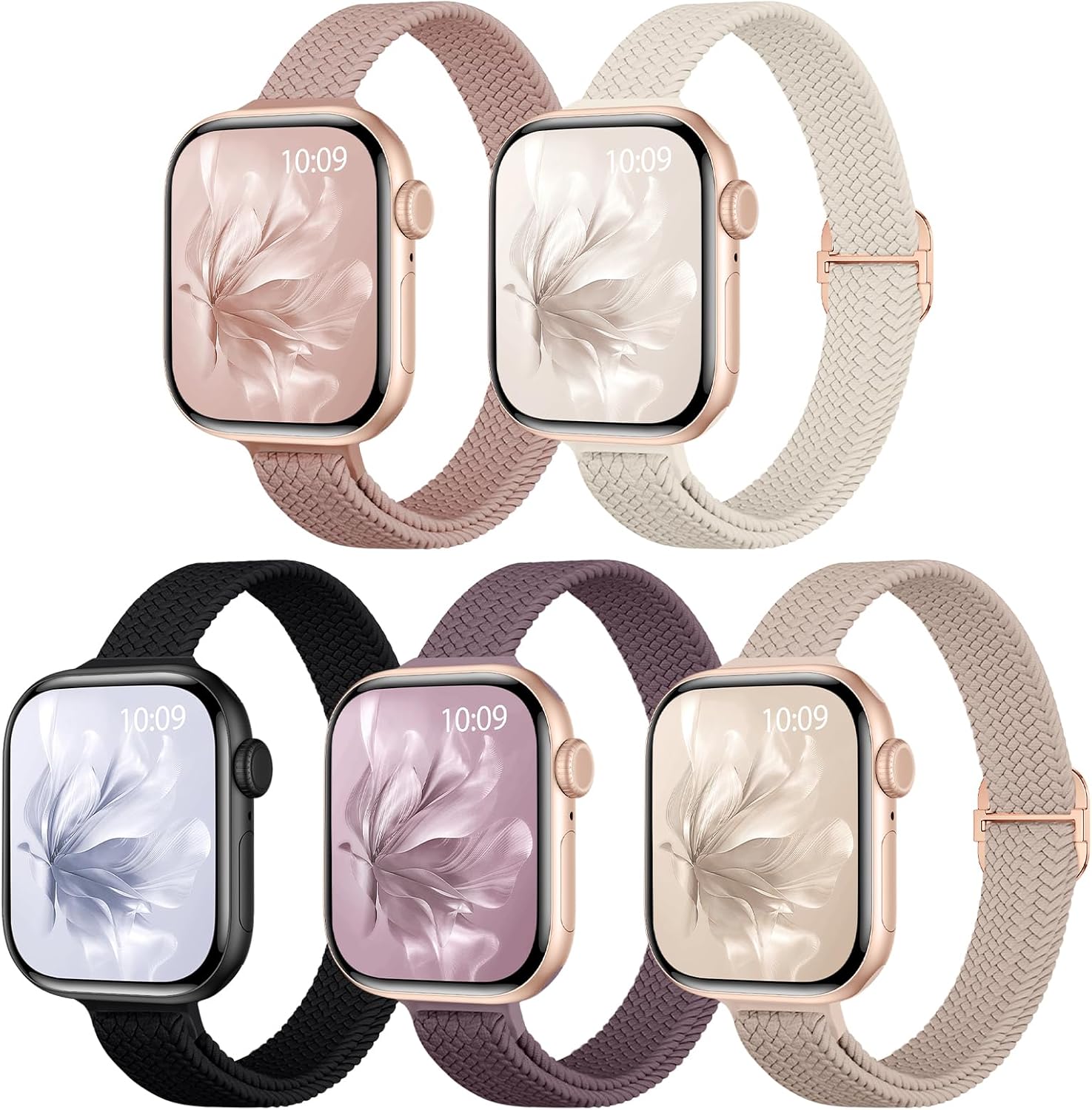 5 Pack Slim Braided Stretchy Bands Compatible with Apple Watch Band 40mm 41mm 42mm 38mm 44mm 45mm 46mm 49mm Women Men, Thin Elastic Nylon Solo Loop Straps for iWatch Series 10 9 8 7 6 5 4 3 11 SE 2/1