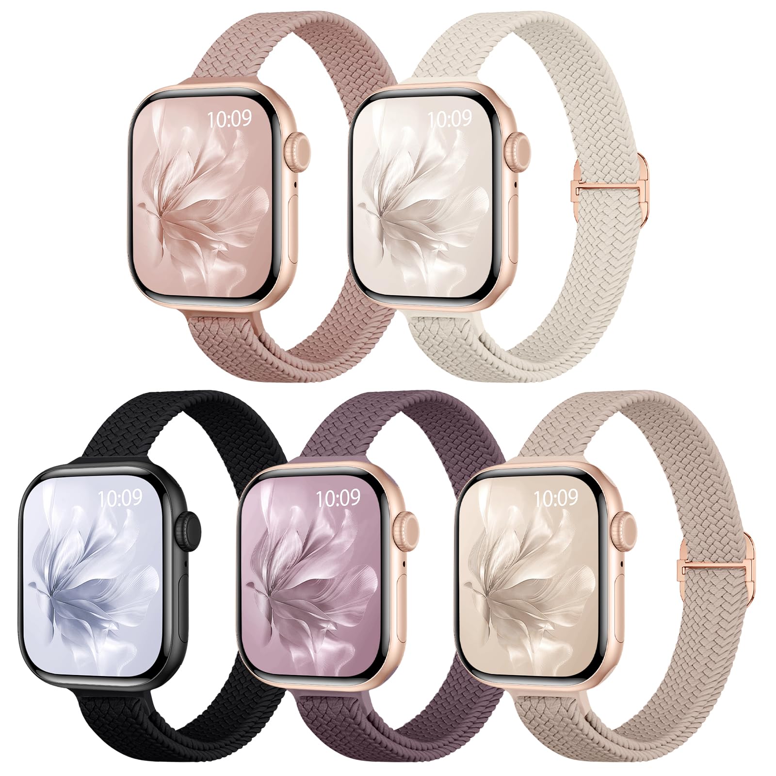 Lot de 5 bracelets fins tressés, extensibles, compatibles avec Apple Watch - 40 mm, 41 mm, 42 mm, 38 mm, 44 mm, 45 mm, 46 mm, 49 mm - Bracelets élastiques fins en nylon pour iWatch Series 10 9 8 7 6 5