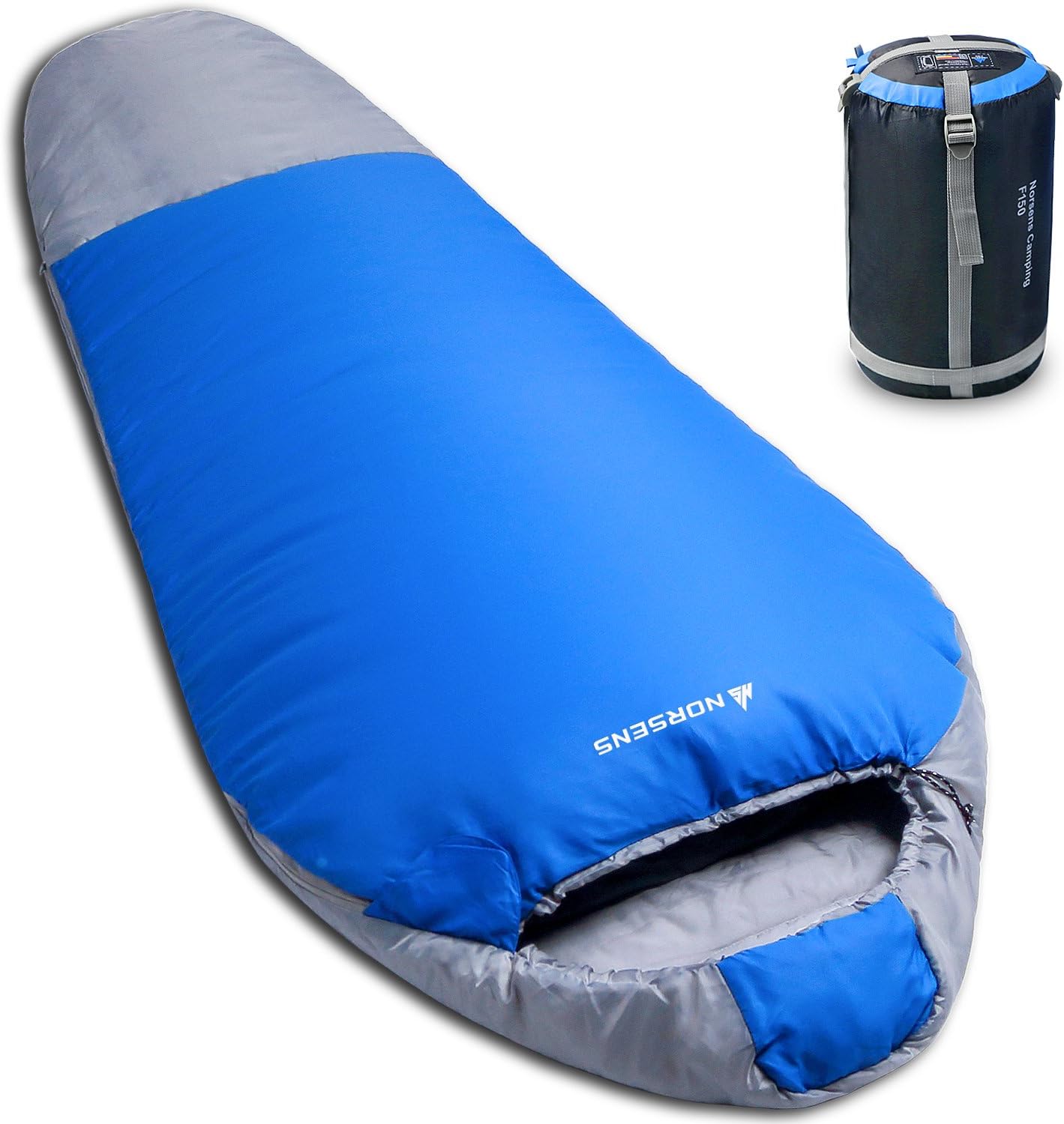 Norsens 3 Season Mummy Sleeping Bag for Camping Backpacking Hiking, Ultralight Lightweight Compact Sleeping Bag Sack with Compression Bag for Adults in Blue