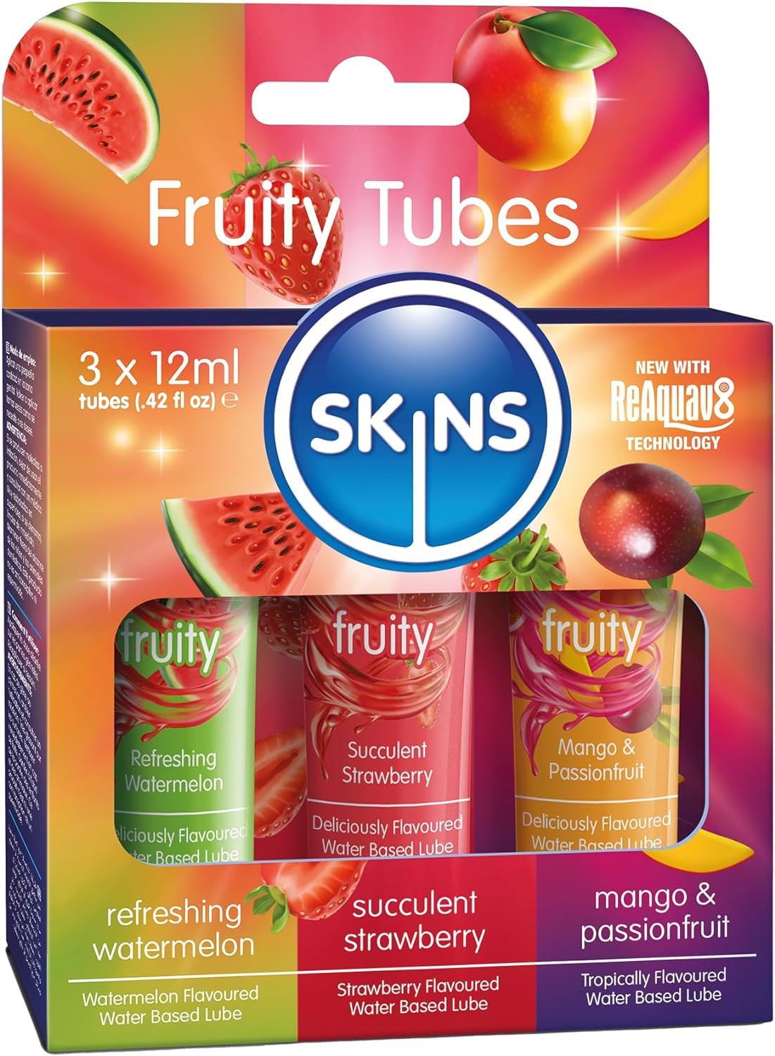 SKINS Flavored Lube Set - 3 Flavored Water Based Lubes - Fruity Edible Lubricant Licks - Watermelon Strawberry