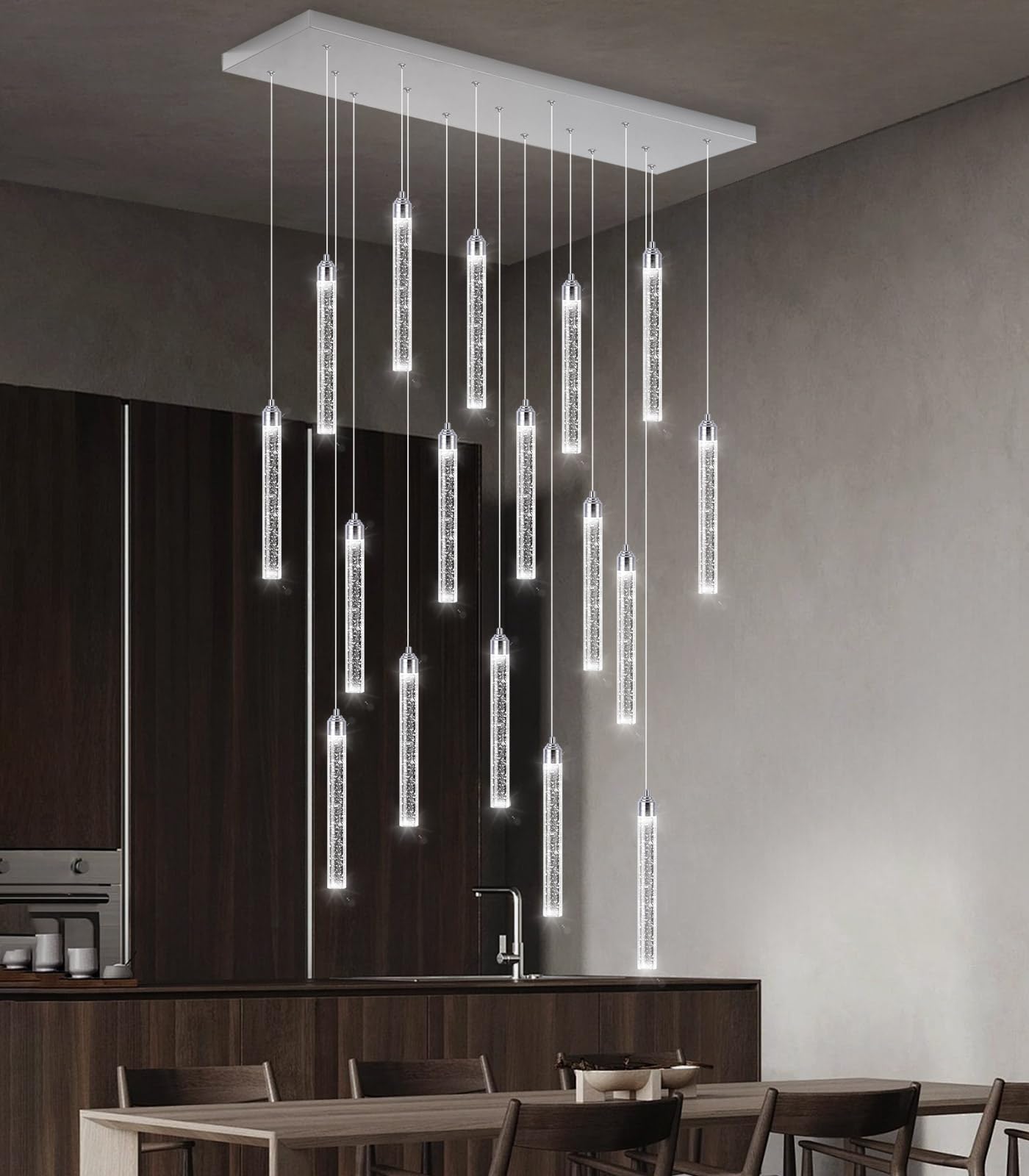 Rectangular Chandeliers 17-Lights Long Light for Entryway LED Dimmable Chandeliers Lighting Fixture Flat Sloped High Ceiling Pendant Lights Crystal for Living Room Foyer Hallway Staircase Silver