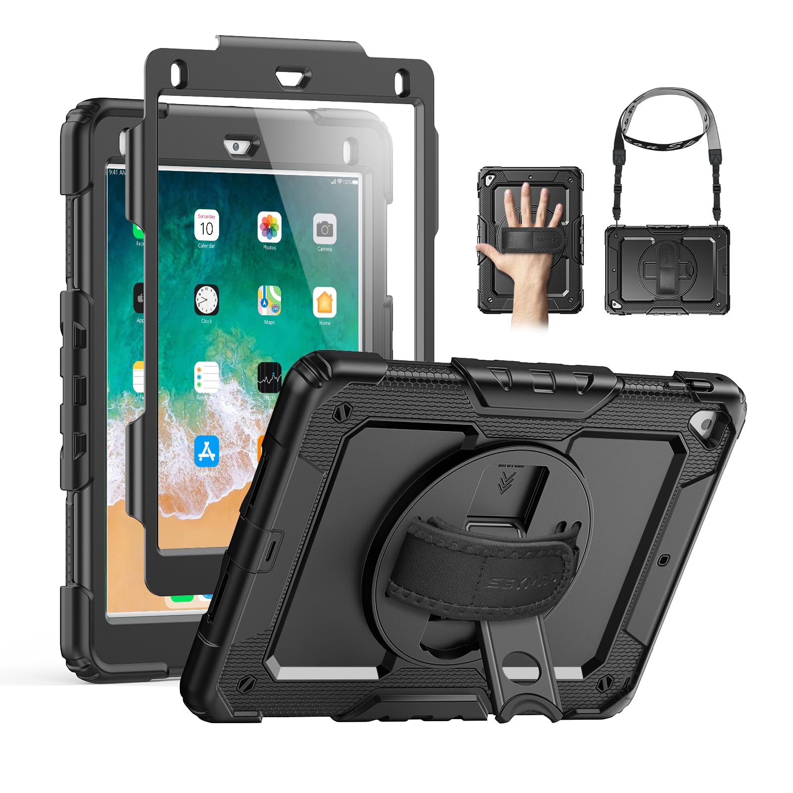 SEYMAC Case for iPad 6th/5th Generation 9.7 Inch, Full-Body Shockproof Heavy Duty Protective Case with Screen Protector, Rotating Stand/Hand/Shoulder Strap for iPad Air 2/ Pro 9.7, Black