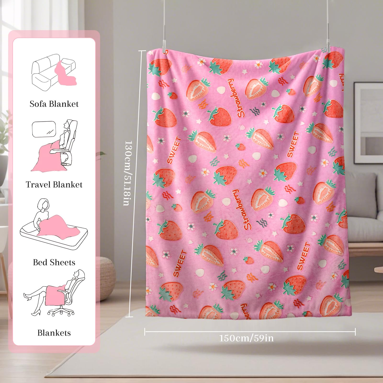 LXTOPN Cuddly Blanket for Children Girls Blanket Glow in the Dark Children's Blanket with Strawberry Pattern Fluffy Blanket Gift for 3 4 5 6 7 8 9 Years - Image 2