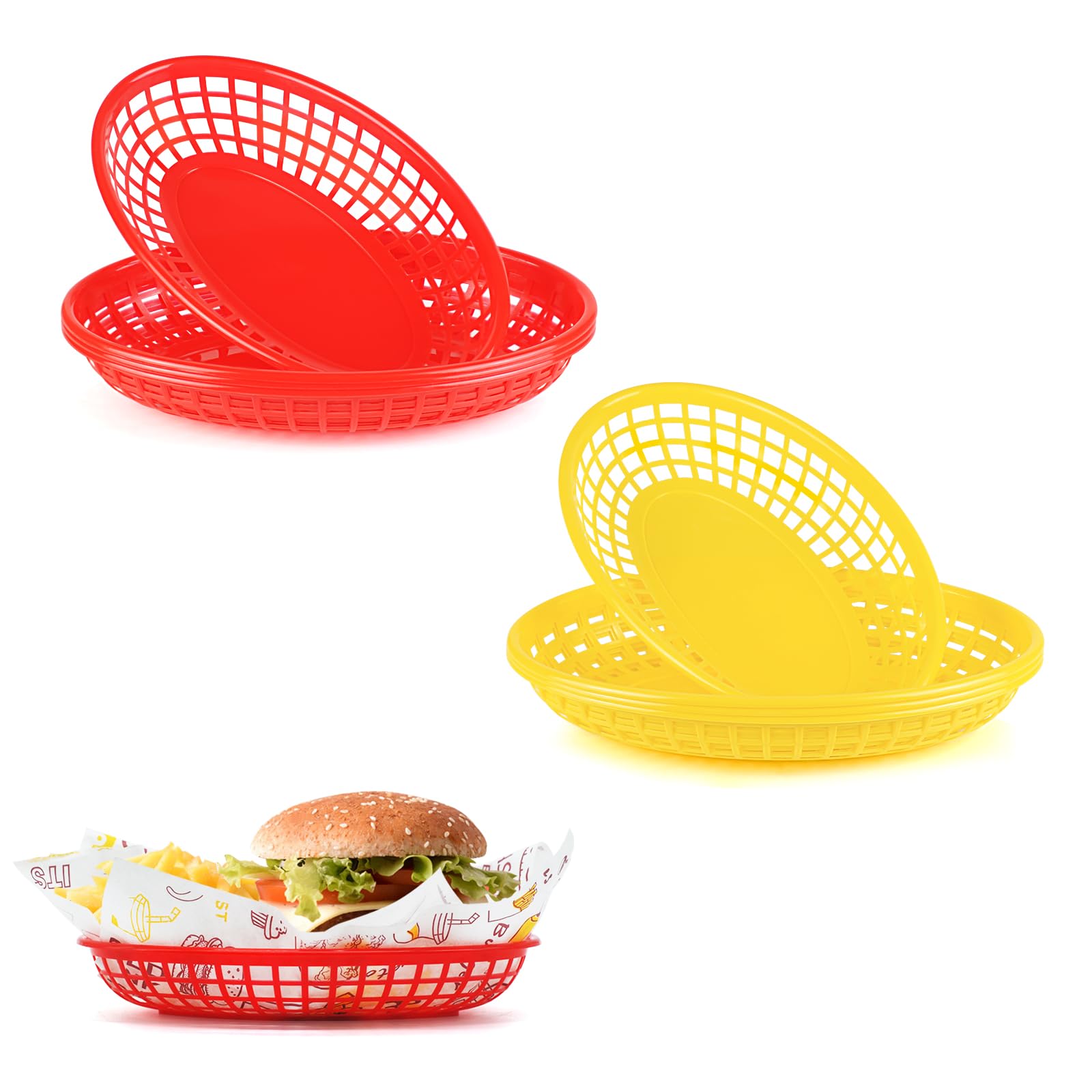 JJWNMLL Food Baskets, 8PCS Red+Yellow Reusable Plastic Oval Fruit Basket for Burgers,Fries,Sweets,Crisps,Party,Picnics,BBQ