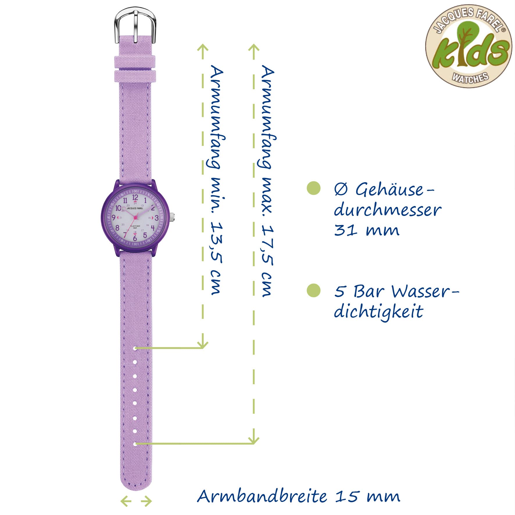 Jacques FAREL Solaruhr Lernuhr Öko Kinderarmbanduhr Mädchen Analog Quarz mit Textilarmband aus Bio-Baumwolle Lila Violett Nachhaltig ORSO 3110