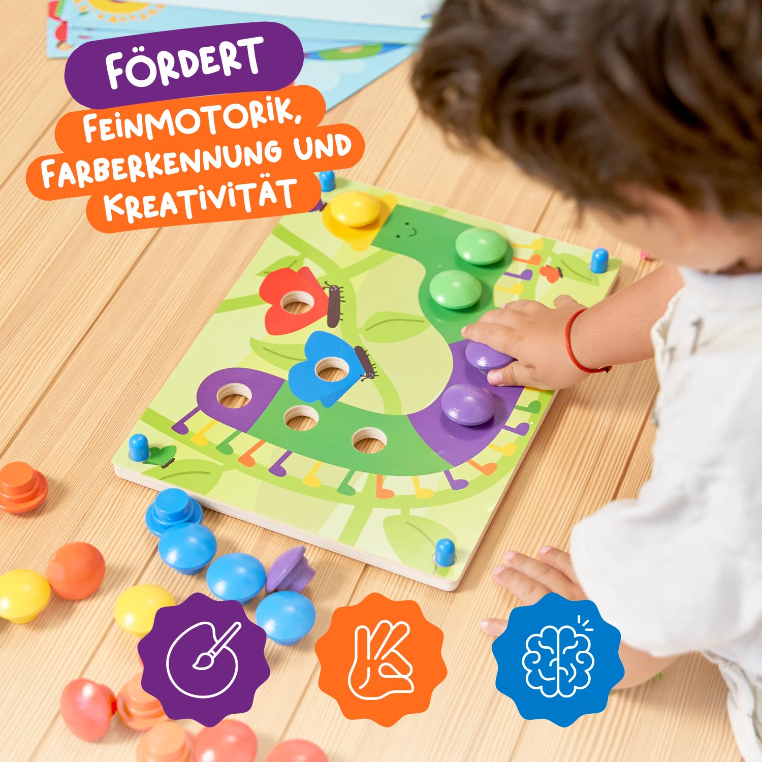 Nene Toys Holz-Steckspiel für Kleinkinder ab 2 Jahren – Mosaik-Steckspiel für Kinder 2–3 Jahre – Montessori Spielzeug mit Holzsteckern & Zuordnungskarten – Lernspiel für Jungen & Mädchen