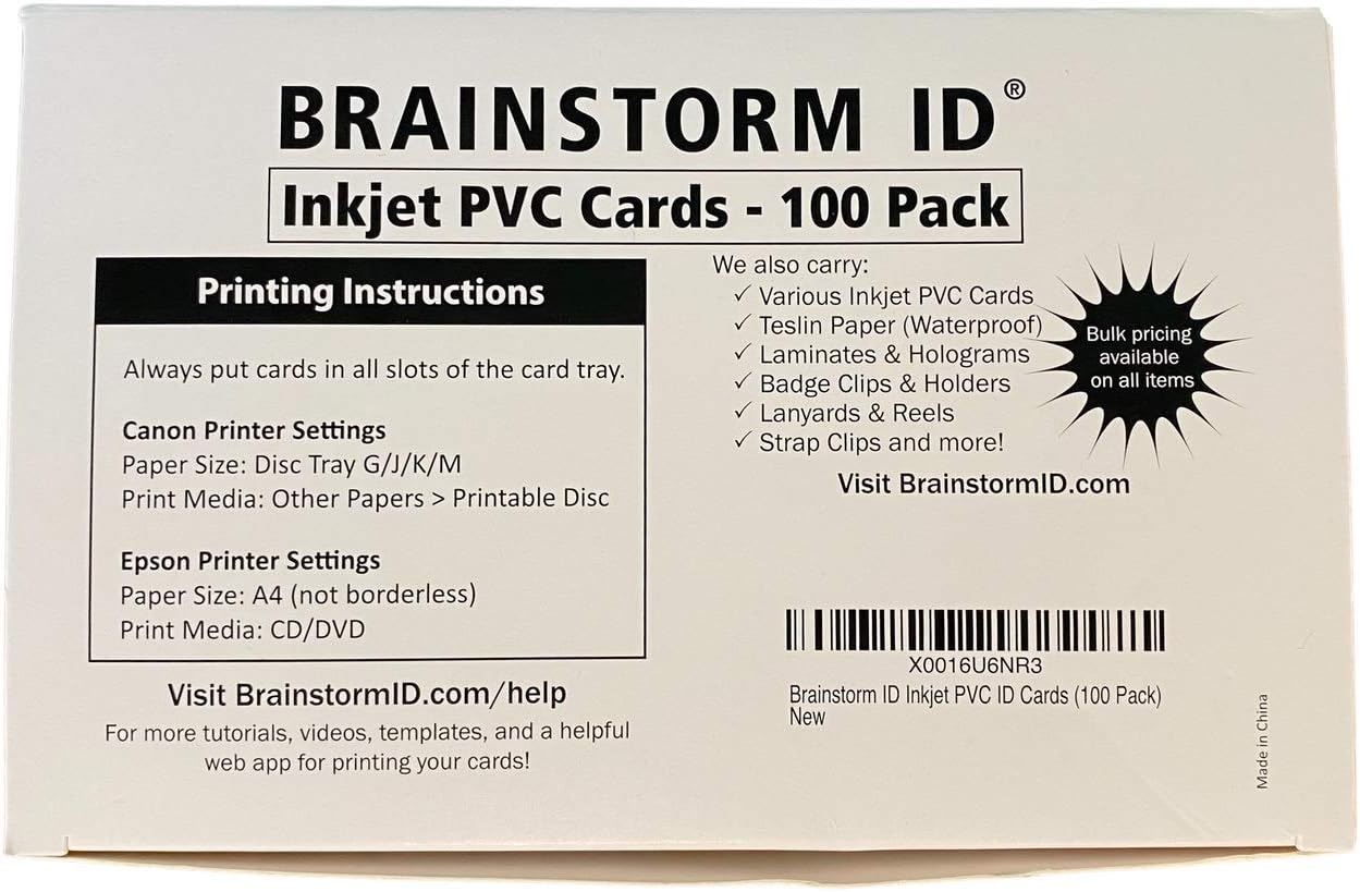 Brainstorm ID Inkjet PVC Cards (100 Pack) - 30 Mil - Inkjet Printable ID Cards - Enhanced Ink Receptive Coating - Waterproof & Double Sided Printing - Works with Epson & Canon Inkjet Printers