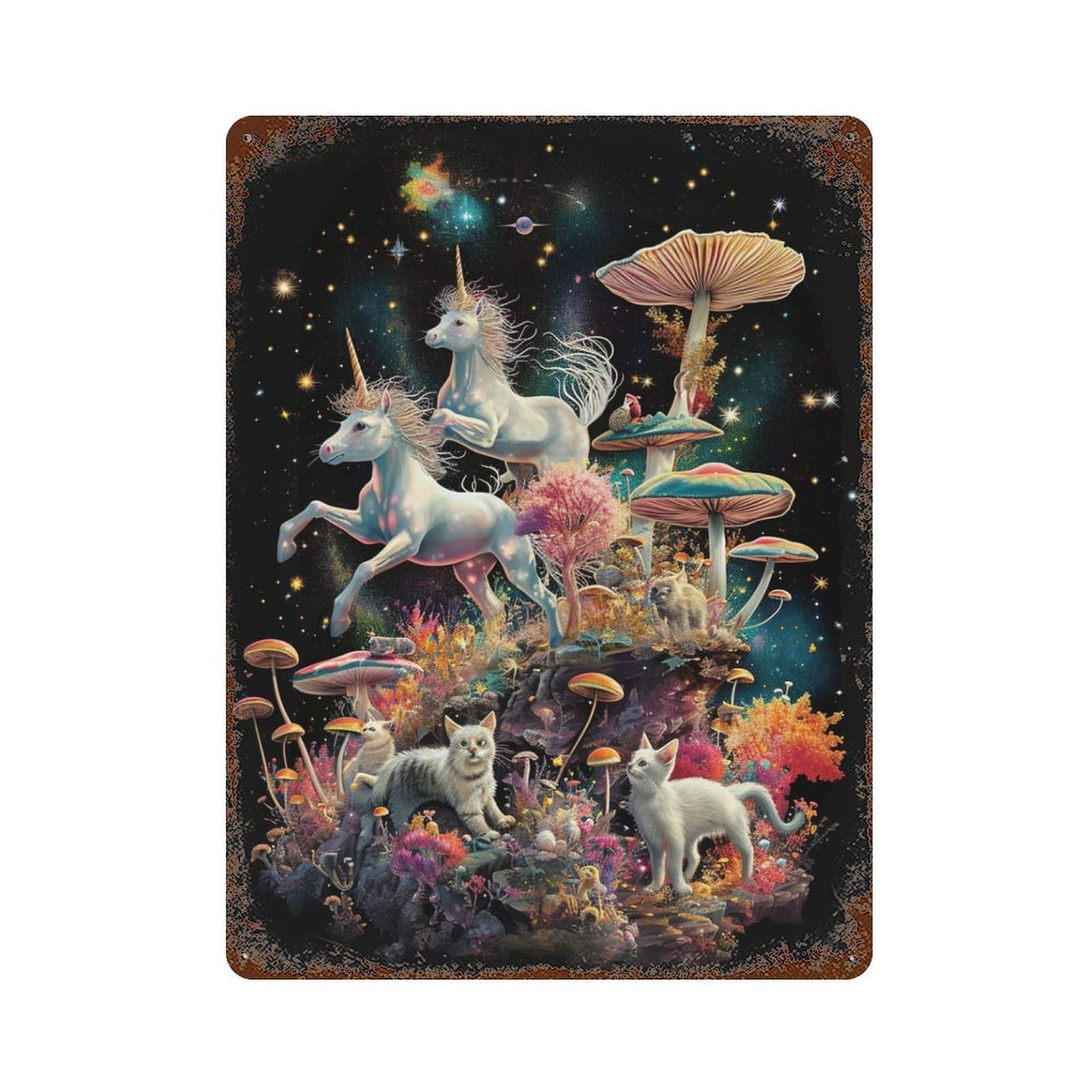 Fantasy Mushroom Forest with Unicorns Weathered Tin Sign 15.7"x11.8", Industrial Home Decor for Basement, Hobby Room And Garage Decor