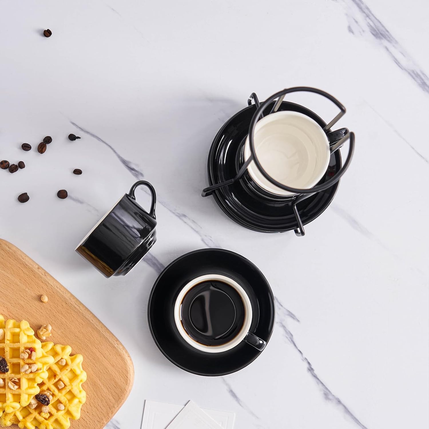 YOLIFE 2.5oz Porcelain Stackable Espresso Cups with Saucers and Metal Stand Set of 4, Stackable Cappuccino Cups, Black Expresso Shots Cup Set for Coffee Drinks, Latte, Tea - Image 3