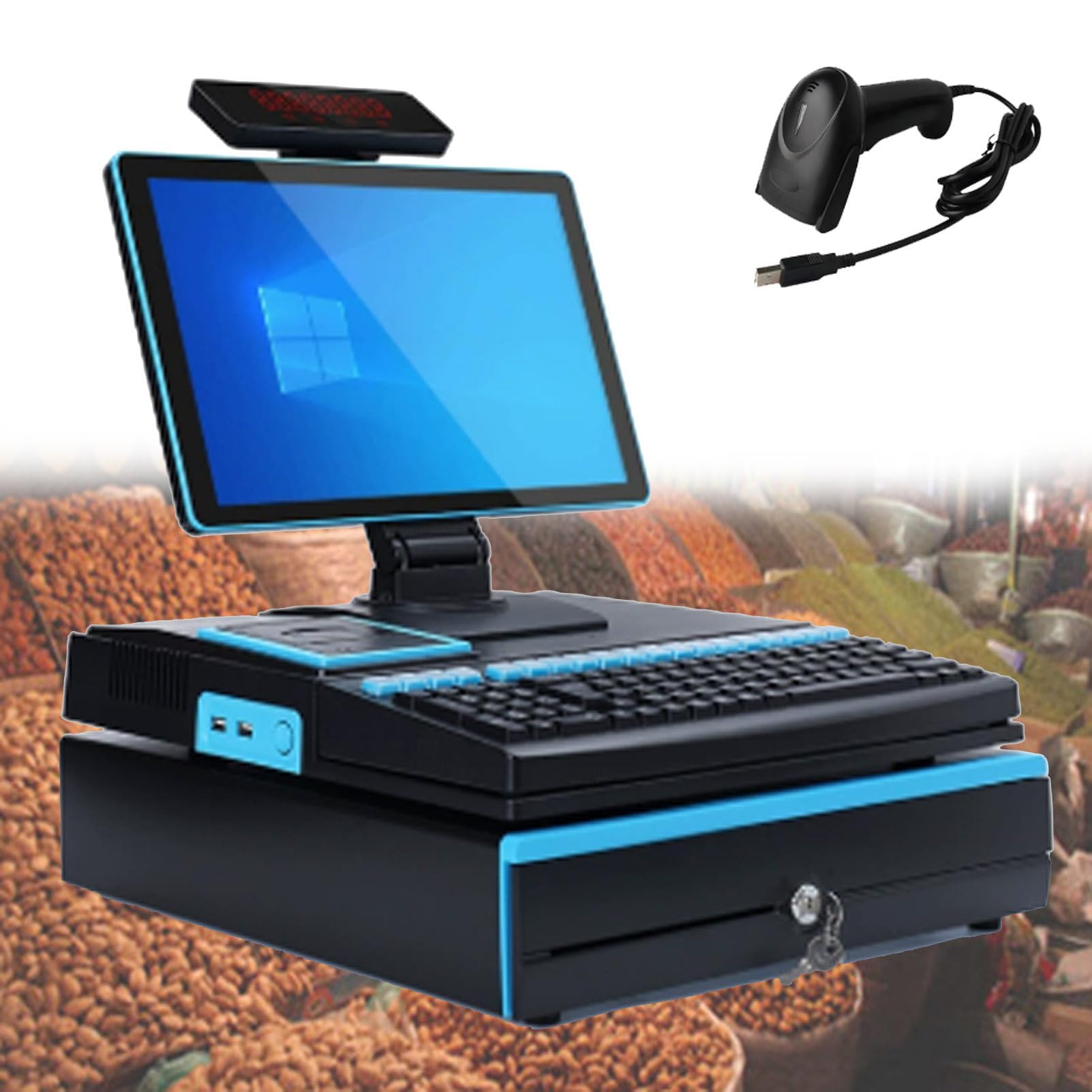 Pvxa Blue All-In-One Cash Register For Restaurants & Retail, With 15.6" Touch Screen Monitor, Cash Drawer, 58Mm Printer, Barcode Scanner, Touchscreen, For Small Business Singlescreen