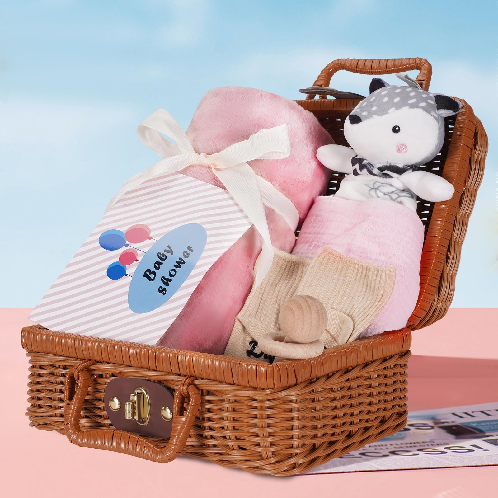 Set regalo per neonati alla nascita – 7 in 1 regalo per neonati per maschietto & femminuccia con coperta, spugna, sonaglio in legno, bavaglino, calzini e scatola dei ricordi – regali per neonati alla
