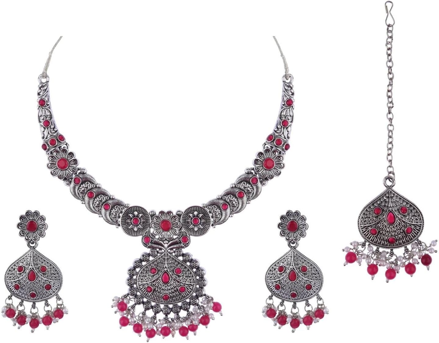 Efulgenz Indian Oxidized Jewelry for Navratri Choker Necklace Indian Oxidized Jewelry Set for Women Bohemian Faux Pearl Crystal Stone Necklace Earrings Maangtikka Set Wedding Bridal Fashion Jewelry