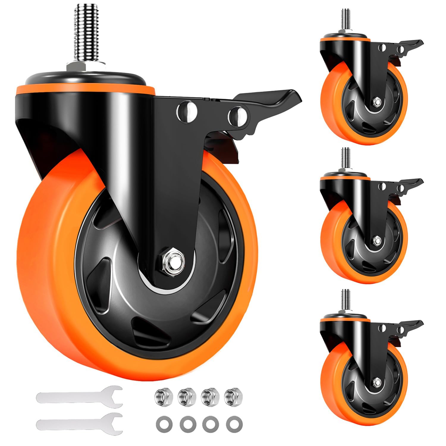 Caster Wheels Heavy Duty 5 Inch Stem Caster 2400Lbs, Threaded Stem Casters 3/8"-16 x 1(Stem Diameter 3/8", Stem Length 1"), Safety Locking Caster Set