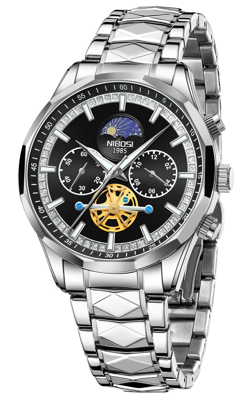 NIBOSI Chronograph Fly Wheel Watch For Men Analog Quartz Dress Diamond Business Stainless Steel Watches Date Luxury Mens Wristwatch|Birthday Gift For Men|Gift For Husband, Brother (Silver-Black) (B0DHSCJ8H8) Amazon Price History, Amazon Price Tracker
