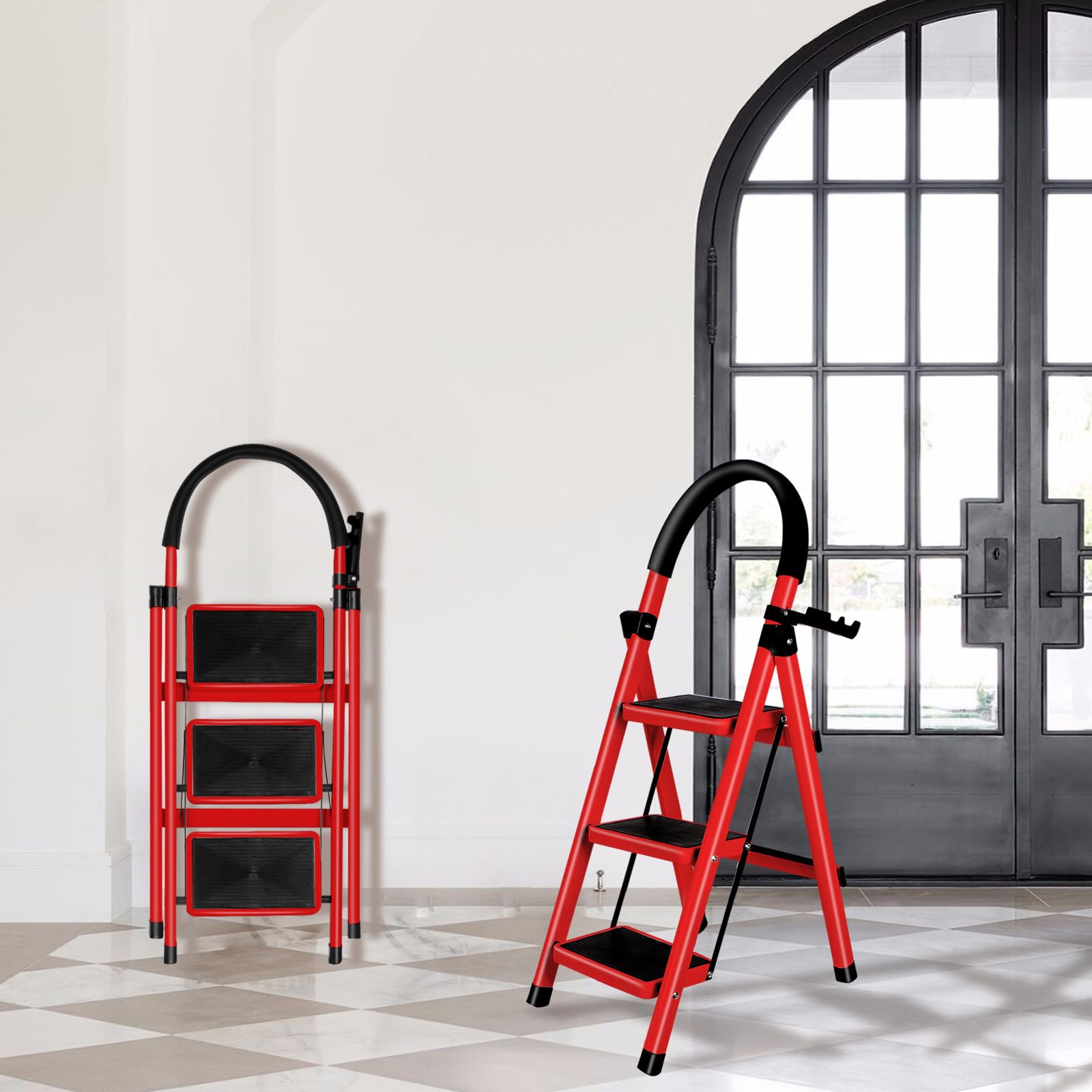 OHMG Escabeau en Acier 3 Marches Tabouret Marche Pied Pliant Echelle avec Pieds Anti Dérapant Max 150kg,Échelle Pliable avec Marches et Pieds Antidérapants,Charge 150 kg
