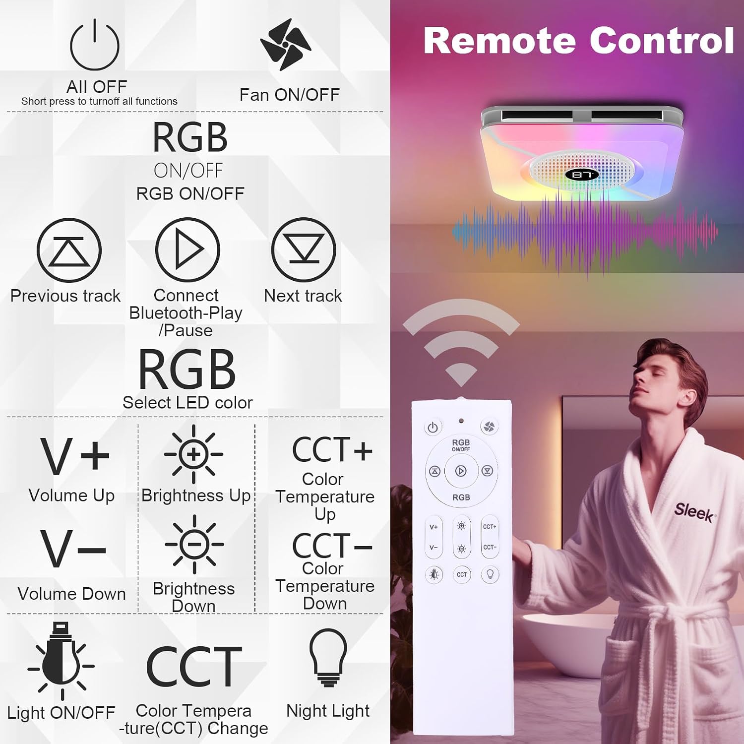 Bathroom Exhaust Fan with Bluetooth Speaker and Light, Plug & Play Installation, 230 CFM/1.5 Sone Bathroom Vent Fan, 7 RGB Lighting and 3 Music Rhythms, Remote Control, 3000K-6500K Adjustable