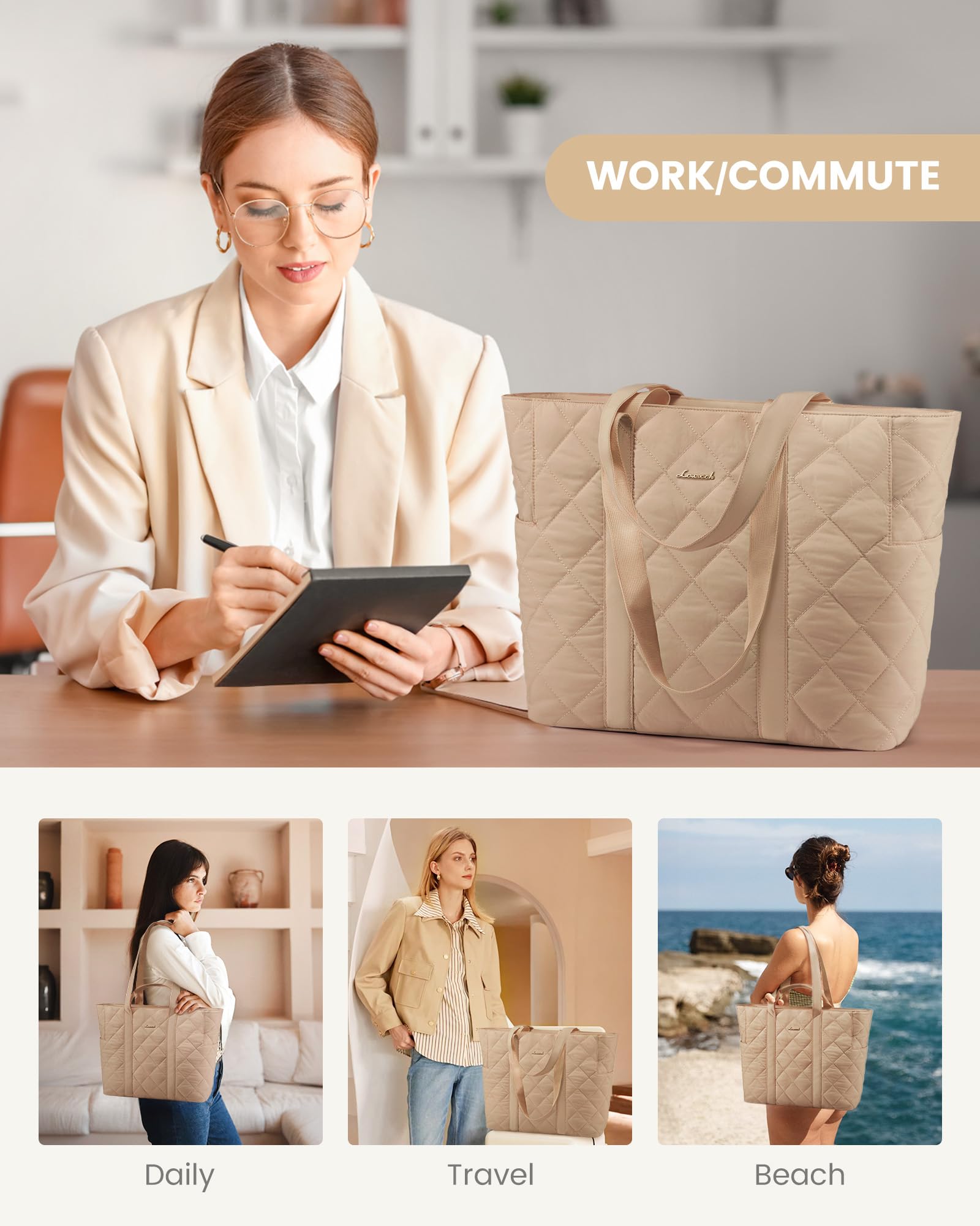 LOVEVOOK Laptop Tote Bag for Women,Quilted Puffer Laptop Bag Purse Computer Travel Work Tote Bags for Women with Zipper