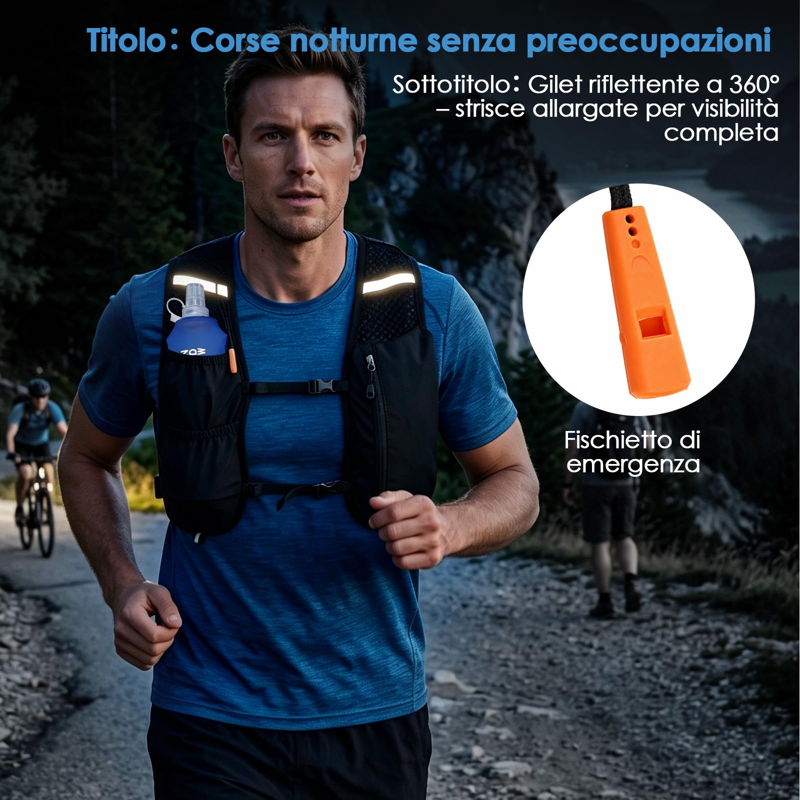 Gilet da Corsa Uomo Donna 140 g con Soft Flask 500 ml, Riflettente | Fischietto di Emergenza, Strisce Riflettenti, Traspirante, Cinghie Regolabili, Tasche Multiple