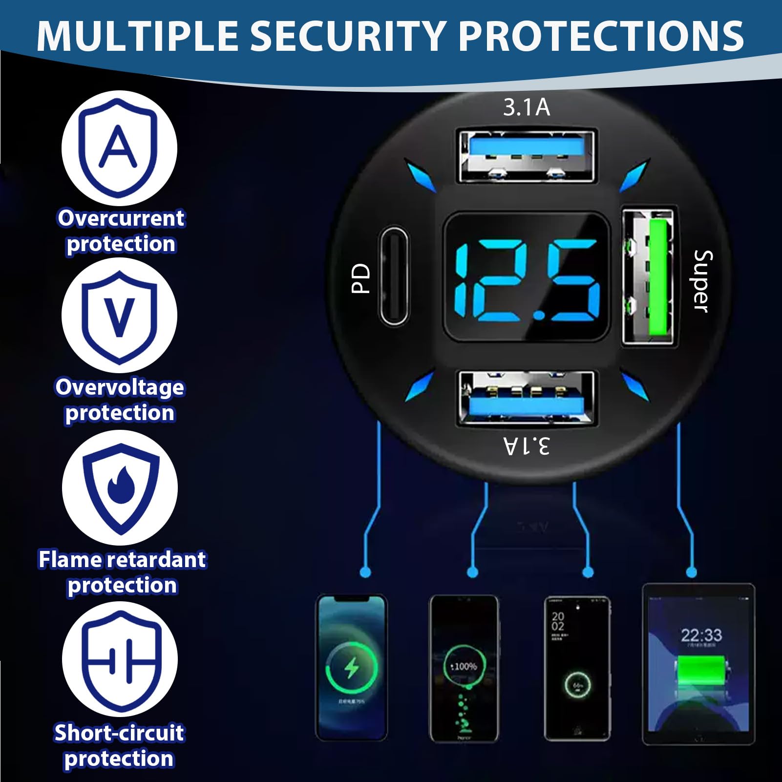 2 PCS 66W Cargador Mechero USB Carga Rapida, Super y QC3.0 & PD 4 Puertos Cargador Movil Coche con Voltímetro Led Compatible con Múltiples Dispositivos y Todos Los Teléfonos Inteligentes - 5