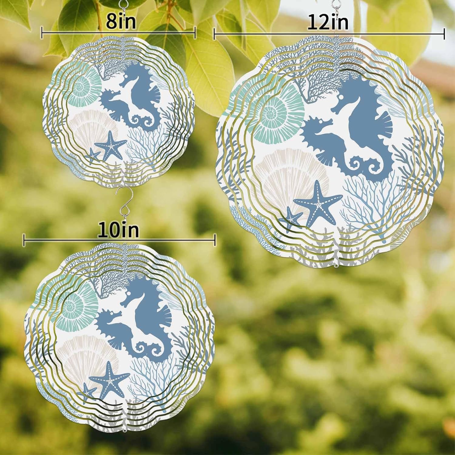 Coastal Blue Seahorse Starfish Wind Spinner for Garden Yard 3D Stainless Steel Hanging Wind Spinners, Ocean Starfish Coral Shell Conch Spinners Outdoor Metal Decor for Lawn Patio Home