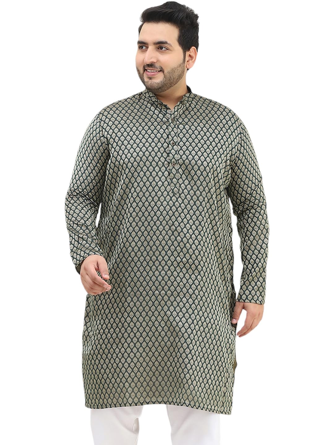 Sojanya Plus (Since 1958) Men's Silk Blend Dark Green Self Design Only Long Kurta