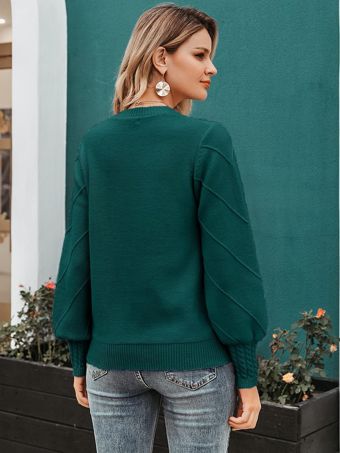 Miessial Women's Fall Crew Neck Pullover Sweater Cute Long Puff Sleeve Chunky Knit Sweater Pompom Jumper Top - Image 3