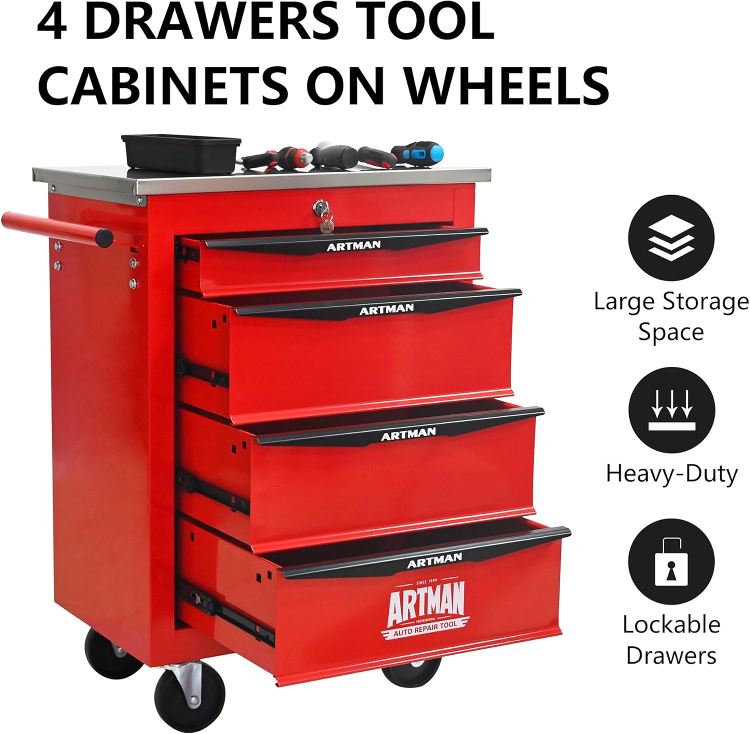 RYH 4/5/6/7 Drawers Rolling Tool Chest -Heavy Duty Mobile Metal Tool Box with Locking Wheels, with Stainless Steel Worktop, Garage Tool Storage Cabinet (Red, 4-Drawers 30.7" H×22.2" W)