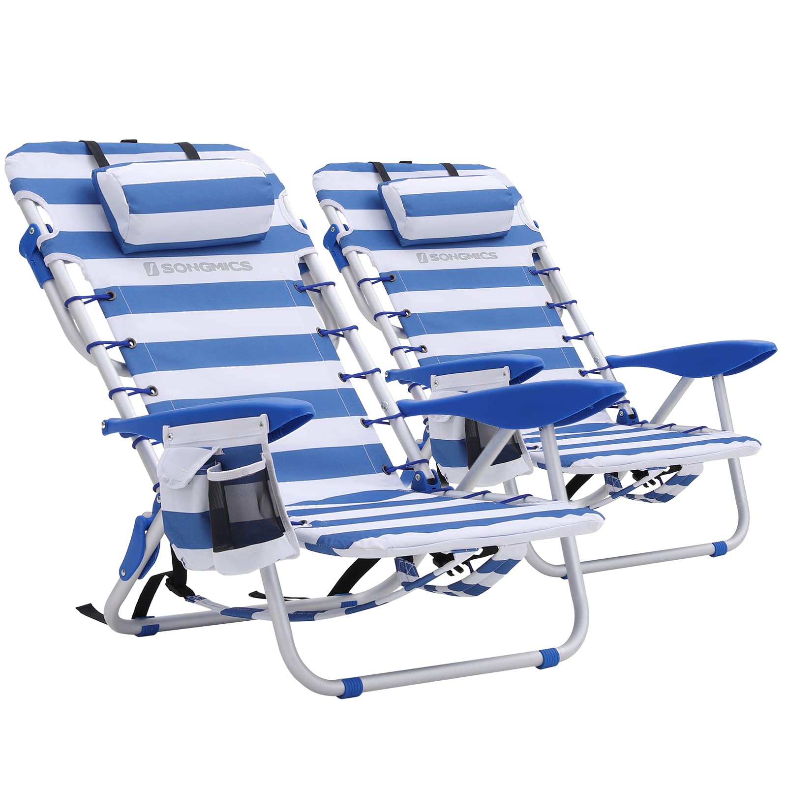 SONGMICS Chaise de Plage Portable, Lot de 2, avec Appui-tête Amovible, Pliable, Chaise de Camping, Dossier Inclinable jusqu'à 180°, avec Porte-Goulet, Pochette, Rayures Bleues et Blanches GCB62BU02