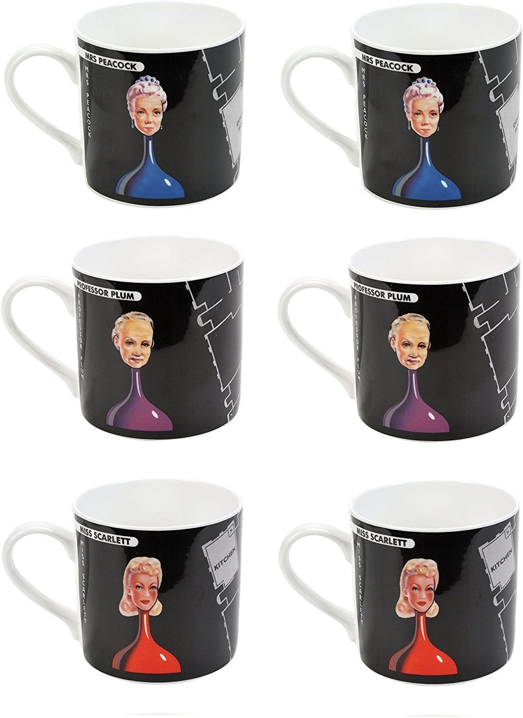 Naisian Cluedo (Clue) Bone China Coffee Tea Mug Set of 6-2 x Mrs Peacock, 2 x Professor Plum & 2 x Miss Scarlett