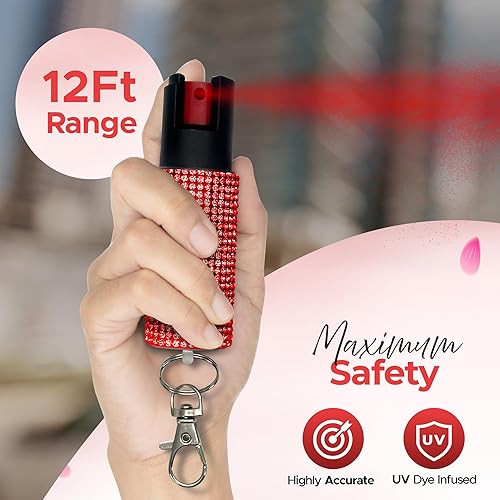 Vista 32 de FURY Gem Stone - Combo de pistola aturdidora en aerosol de pimienta, elegante multicolor, rango de 12 pies, identificador de tinte UV, linterna