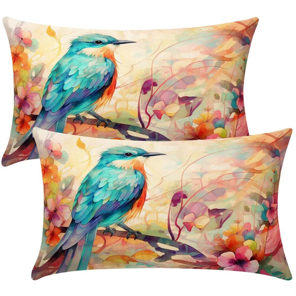 Cushion Covers 20cm x 30cm Retro Cushion Cover 8 x 12 Inches Pack of 2 Throw Pillow Covers Hummingbird Sofa Cushions Polyester Linen Decorative Pillowcases for Living Room Bedroom Home Decor -SC361