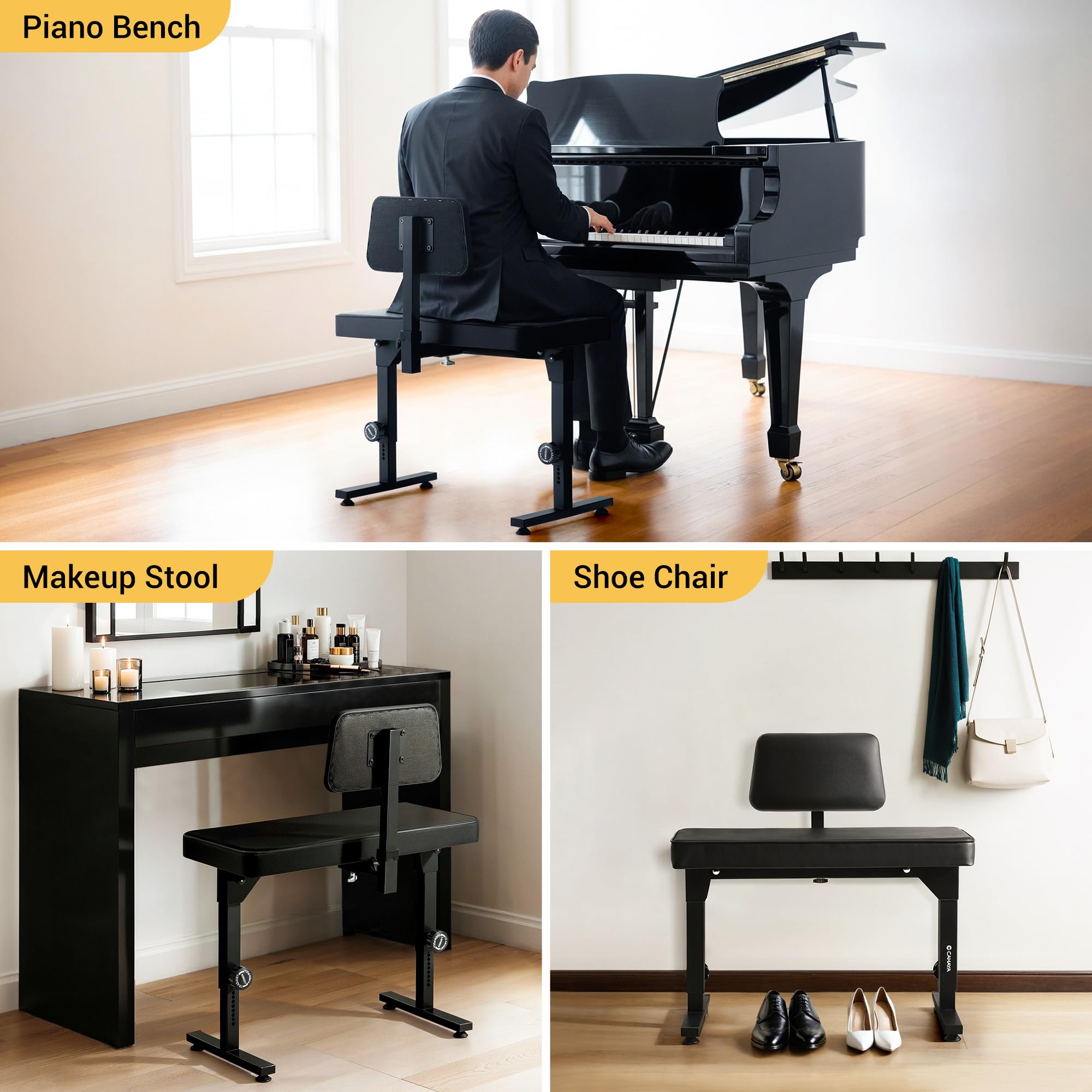 CAHAYA Banquette de piano pliable et réglable : Tabouret de clavier portable capacité 200 kg, hauteur et dossier réglables pour enfants et adultes, idéal pour studio à domicile, enseignement et perfor