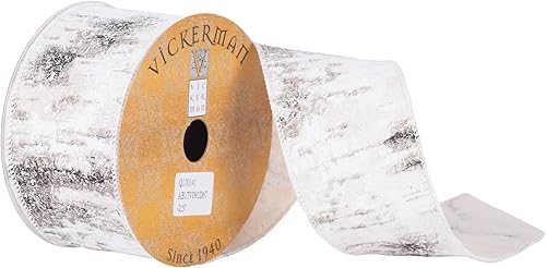 Vickerman Cinta de Navidad con borde de alambre con estampado de abedul de 2.5 pulgadas x 10 yardas, algodón, blanca, cinta de corteza de abedul