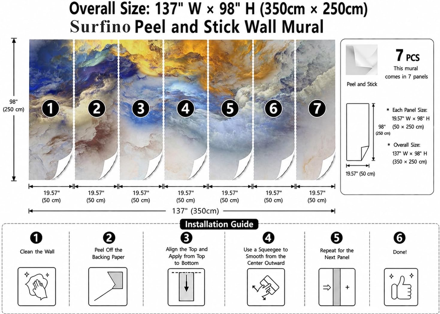 Luxury Gold Blue Cloud Peel and Stick Wall Mural, Abstract Nebula Self-Adhesive Wallpaper, Removable Modern Accent Decor for Home (Color34, 137" x 98")