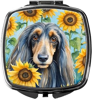 Caroline's Treasures Afghan Hound in Sunflowers Compact Mirror Decorative Travel Makeup Mirror for Women Girls Gifts Pocket Makeup Mirror Folding Handheld