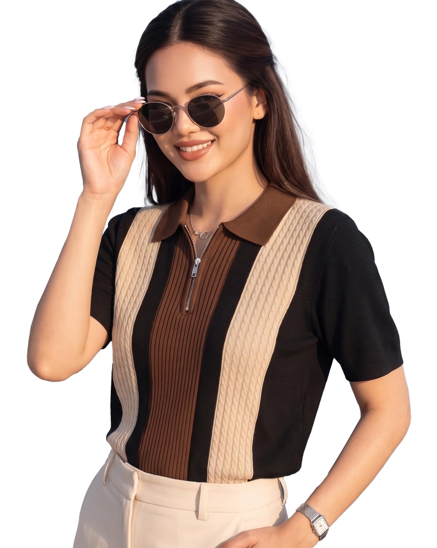 Women's Collared Neck Half Sleeve Slim Fit Casual Tee, Polo Cotton Blend T-Shirt for Women, Casual Texture Aesthetic Summer Wear