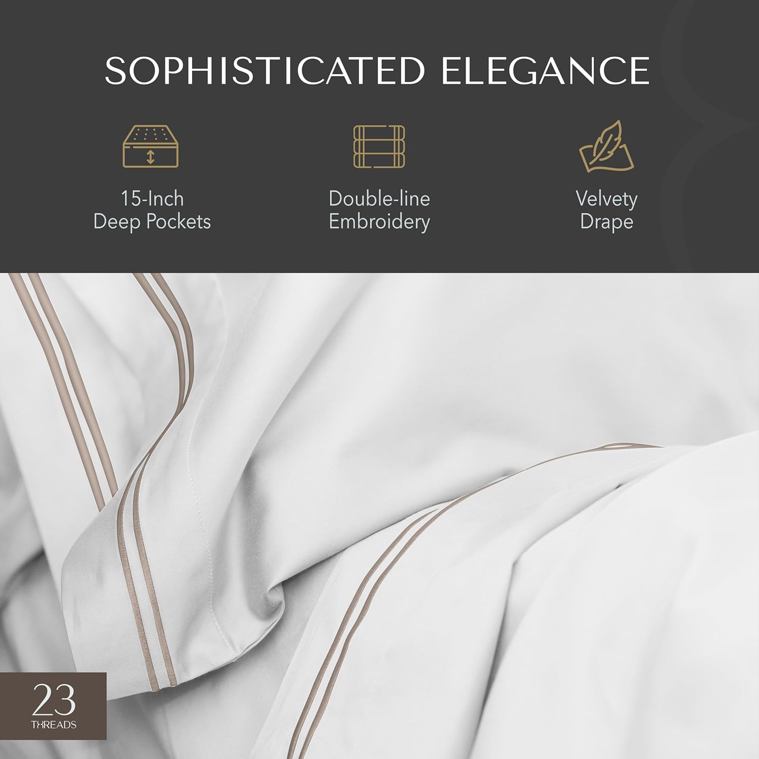 23 THREADS Z101 Series 100% Cotton Bed Sheets and Pillowcases Set, 15 Inch Deep Pocket, Luxury Sustainable Bedding Linen, King, White