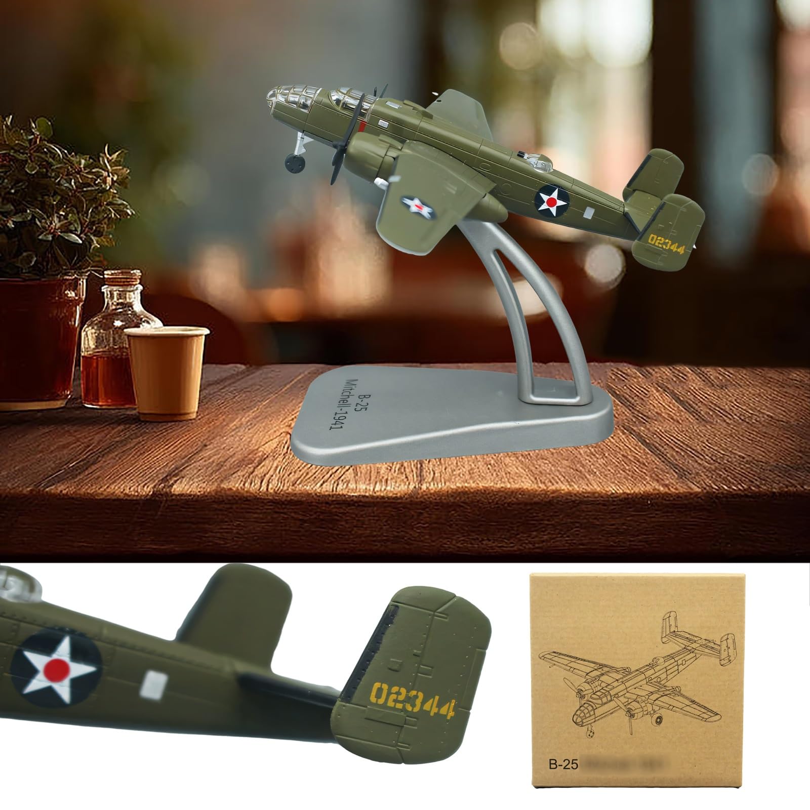 Modello Bombardiere Militare Lega Metallo B-25 in Scala 1:144 Eliche rotanti, espositore, Edizione Collezione Perfetto for Gli Appassionati di Aviazione, mostre scientifiche e Decorazioni