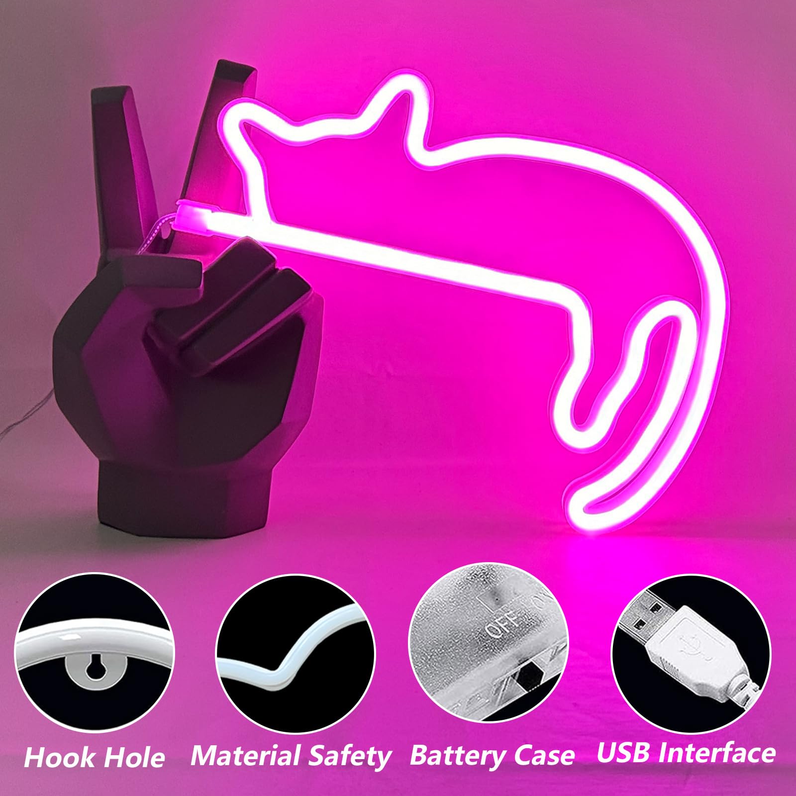 Insegna Al Neon Gatto Rosa - Alimentazione USB, LED, Decorazione Camera, Regalo Per Amanti Dei Gatti - Foto 10