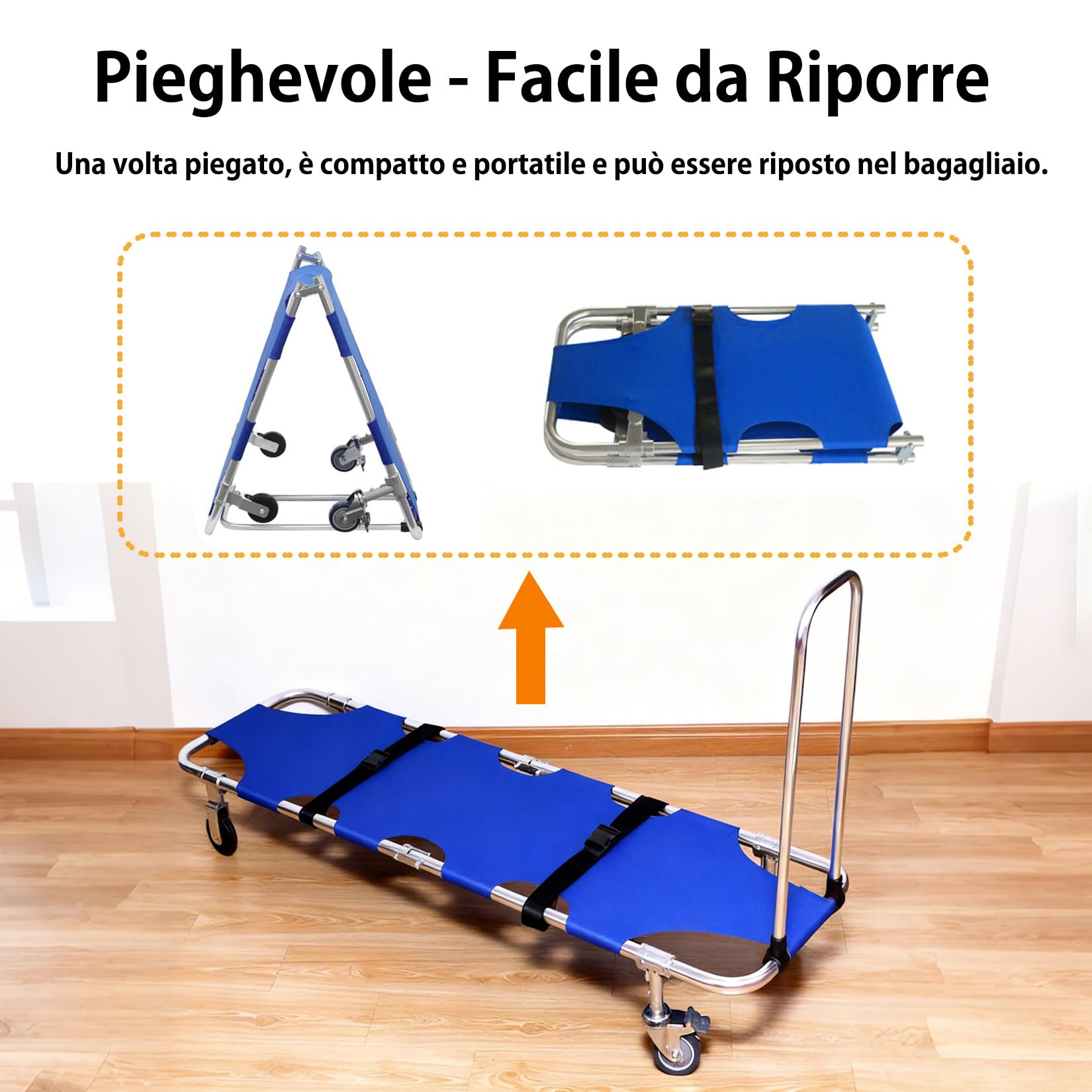 Barella di Salvataggio,Barella Pieghevole Portatile con 4 Ruote e Cintura,Asta Push-pull,Piegabile in 2,per Trasporto Paziente da Viaggio Medico di Emergenza capacità di Peso 350 Libbre