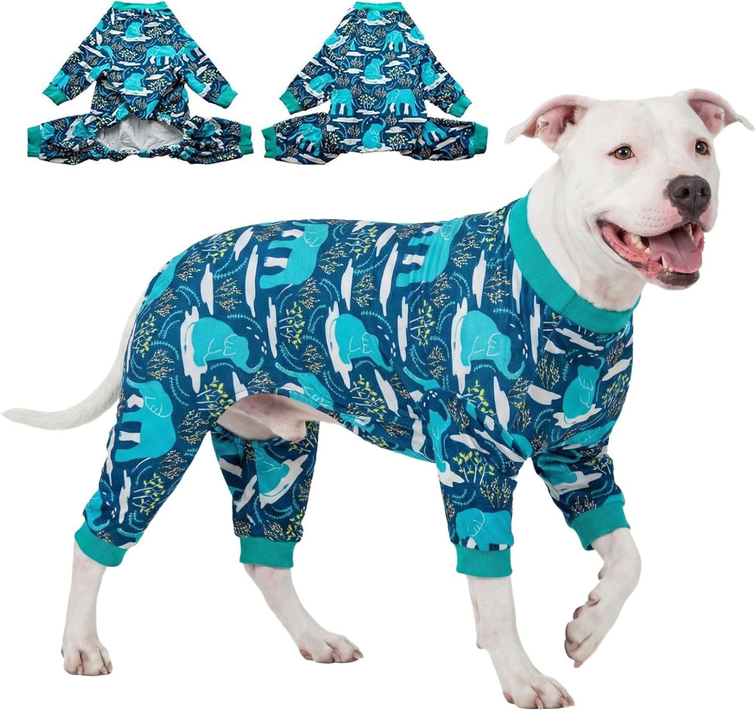 LovinPet Large Dog Clothes, Pet Anxiety Relief, UV Protection, Large Breed Dog Pajamas, Lightweight Stretchy Knit Fabric Onesie, Blue Elephant Print Weimaraner Jammies, Pet PJ's/L