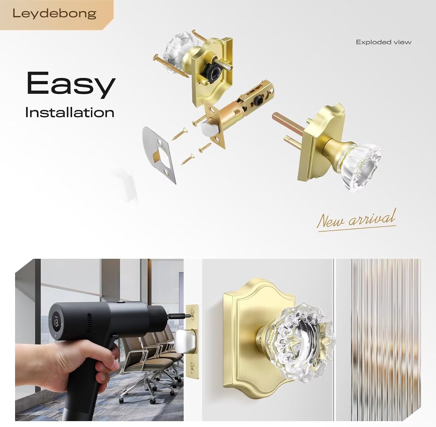Leydebong 1 Pack Gold Premium Glass Crystal Door Knobs, Non-Locking Passage Knobs, Interior Hall and Closet Door Handles