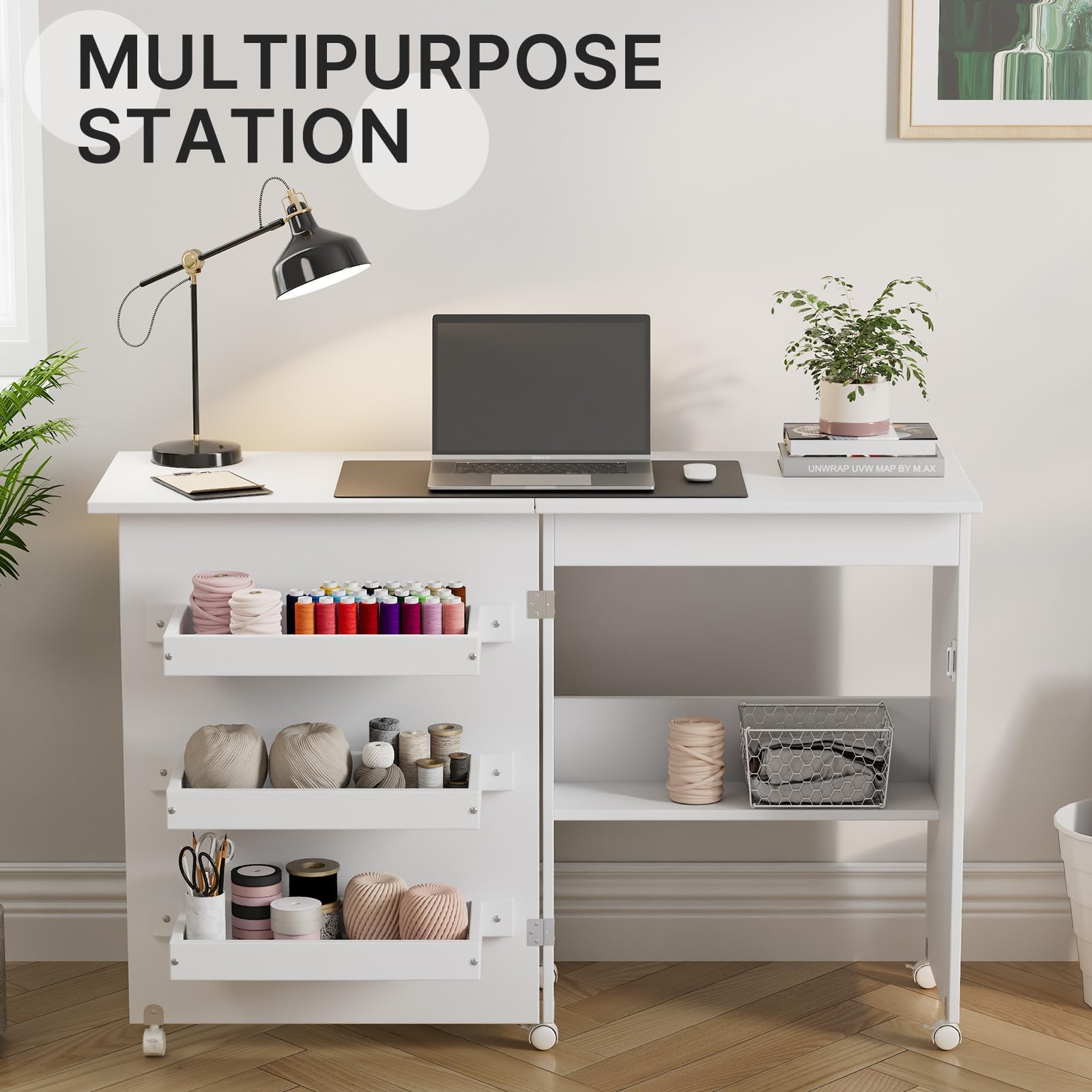 Mesa de costura plegable multiusos con 3 compartimentos de almacenamiento y estante, mesa de trabajo con ruedas para espacios pequeños