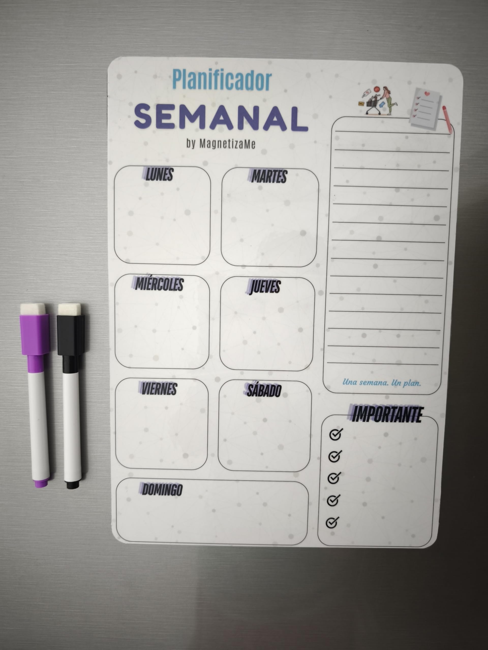 Planificador Semanal Magnético para Nevera – Pizarra Reutilizable Dry-Erase (29,7 × 21 cm aprox. A4) + 2 Rotuladores con Imán y Borrador – Organización de Menús, Tareas y Eventos