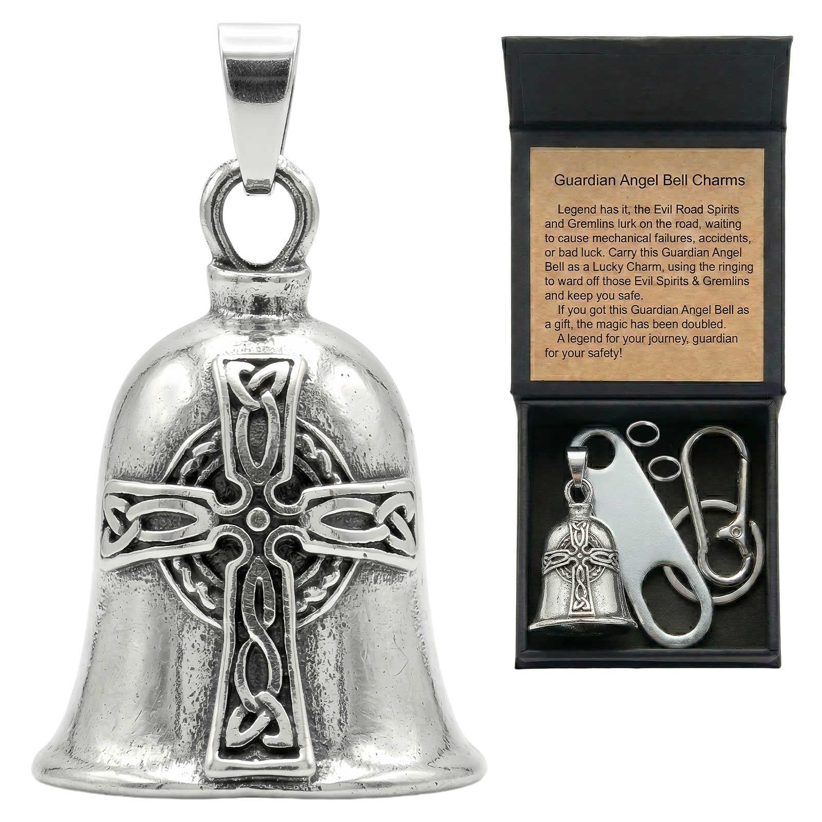 Motorcycle Bell Guardian Angel - Good Luck Gremlin Charm Gift With Gift Box, Legend Card, Keychain And Hanger For Rider Men Kids Friends &amp; Weather-resistant Bells For Bike Car Bicycle (Irish Cross)