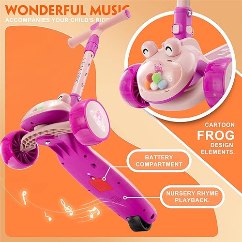 Miniatura 6 de Kids Scooter Cartoon Design 3 Wheels Gravity Steering 4 Adjustable Height Light Up Wheels Music Accompaniment for Preschoolers Age 3-12 Years