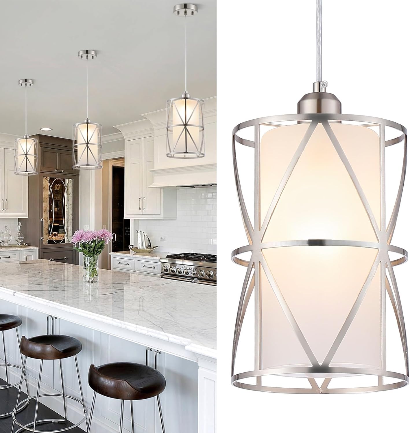 Pendant Lights Kitchen Island with Frosted Glass, Brushed Nickel Hanging Kitchen Lights, Cylindrical Modern Pendant Light, Kitchen Pendant Lighting Over Island, Foyer, Dining Room, Entryway